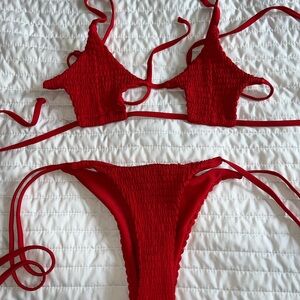 Red Textured Bikini Set